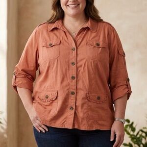 Dressbarn Rust Utility Safari Shacket Top Shirt Terracotta Burnt Orange Boho